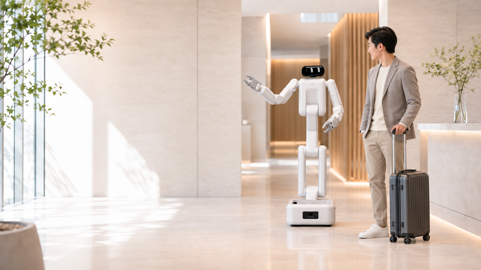 Illustration of X1 greeting a person in a bright interior